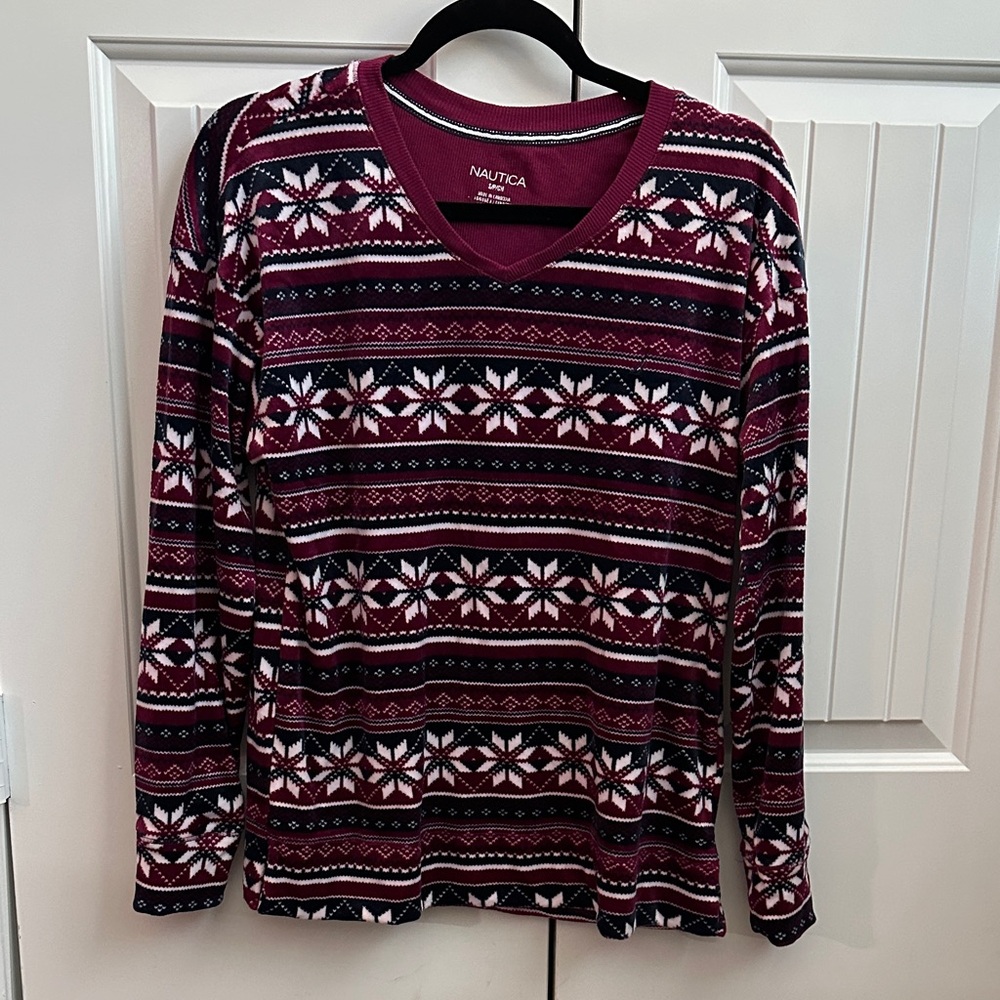 Nautica Burgundy and White Velour Snowflake top